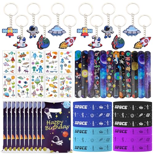 Weltraum Party Mitgebsel Kindergeburtstag Gastgeschenke - Geburtstag Party Give Aways für Jungen Mädchen, Schlüsselanhänger Aufkleber Silikon Armbänder Geschenktüten Schnapparmband Pinata Füller von Runyuzi