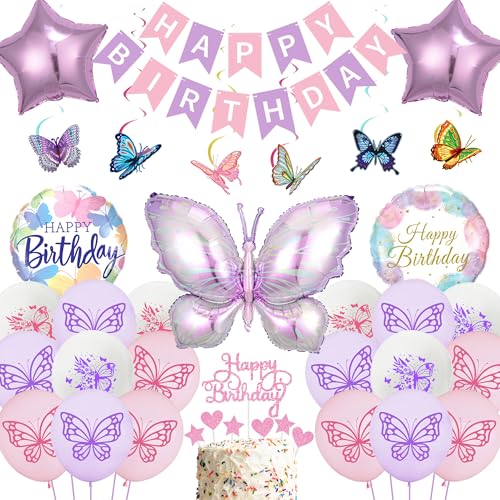 Schmetterling Deko Geburtstag Mädchen Set - 49 Stück Geburtstagsdeko mit Luftballons Happy Birthday Banner Girlande, Lila Stern Rund Folienballon Tortendeko für Kindergeburtstag Schmetterling Deko Geburtstag Mädchen Set - 49 Stück Geburtstagsdeko mit Luftballons Happy Birthday Banner Girlande, Lila Stern Rund Folienballon Tortendeko für Kindergeburtstag von Runyuzi