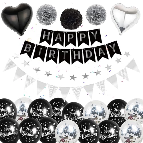 Schwarz Silber Luftballons Geburtstag Dekoration - Happy Birthday Banner, Wimpel, 2m Sternen-Girlande, Konfetti Ballons, Pompons, Geeignet für alle Altersgruppen Schwarz Silber Luftballons Geburtstag Dekoration - Happy Birthday Banner, Wimpel, 2m Sternen-Girlande, Konfetti Ballons, Pompons, Geeignet für alle Altersgruppen von Runyuzi