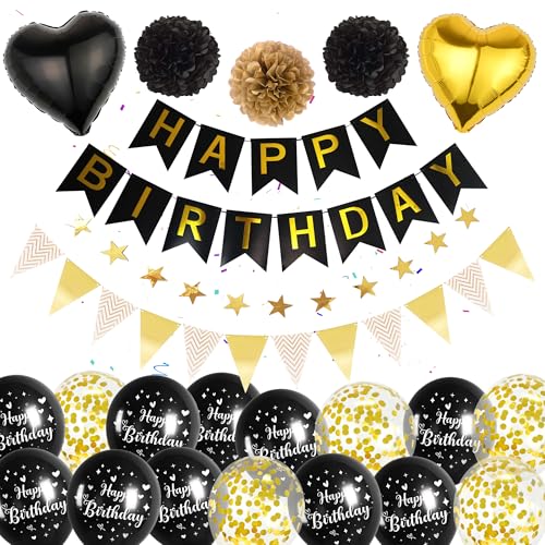 Schwarzes Gold Luftballons Geburtstag Dekoration - Happy Birthday Banner, Wimpel, 2m Sternen-Girlande, Konfetti Ballons, Pompons, Geeignet für alle Altersgruppen von Runyuzi