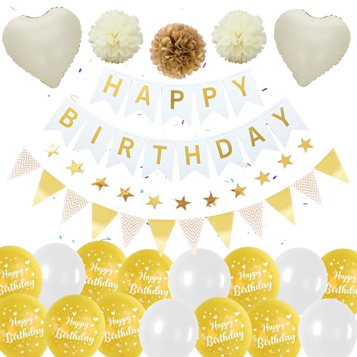 Weiß Gold Luftballons Geburtstag Dekoration - Happy Birthday Banner, Wimpel, 2m Sternen-Girlande, Konfetti Ballons, Pompons, Geeignet für alle Altersgruppen (Frauen, Mädchen, Kinder) von Runyuzi