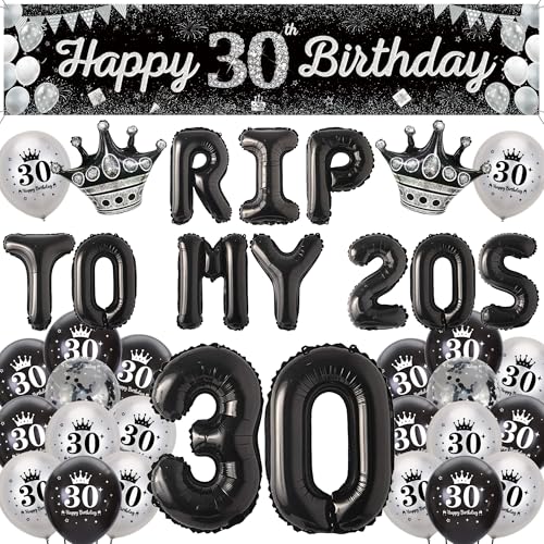 30 Geburtstag Deko Schwarz Silber - Große Happy 30th Birthday Banner und Rip To My 20s Luftballon, XXL Zahl 30 Folienballons Konfetti Ballon Funny Geburtstagsdeko für Männer Frauen von Runyuzi
