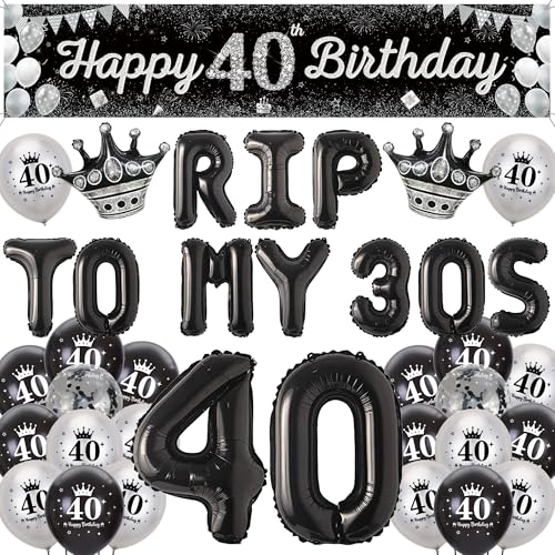 40 Geburtstag Deko Schwarz Silber - Große Happy 40th Birthday Banner und Rip To My 30s Luftballon, XXL Zahl 40 Folienballons Konfetti Ballon Funny Geburtstagsdeko für Männer Frauen von Runyuzi