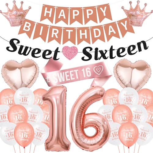 Sweet 16 Geburtstag Deko Mädchen - 47 Stück Geburtstagsdeko 16 Jahre Luftballon Rosegold, Happy Birthday Banner Girlande Zahlen Herz Ballons für Sixteen Party von Runyuzi