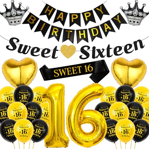Sweet 16 Geburtstag Deko Jungen - 47 Stück Geburtstagsdeko 16 Jahre Luftballon Schwarz Gold für Mädchen, Happy Birthday Banner Girlande Zahlen Herz Ballons für Sixteen Party von Runyuzi