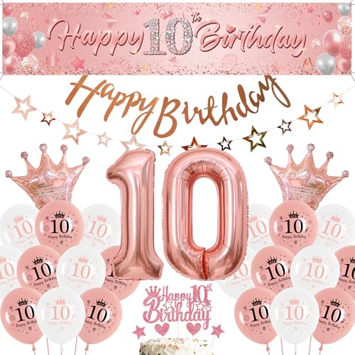 Luftballon 10. Geburtstag Roségold Mädchen - Großes Happy 10th Birthday Banner Hintergrund und Sternen Girlande, Riesen Folienballon Zahl 10 mit Tortendeko für 10 Jahre Kindergeburtstag Party von Runyuzi
