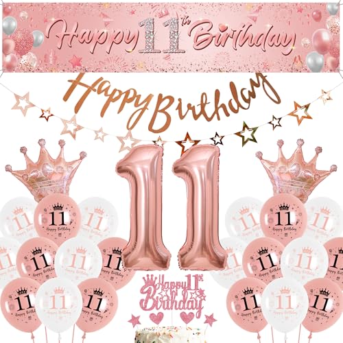 Luftballon 11. Geburtstag Roségold Mädchen - Großes Happy 11th Birthday Banner Hintergrund und Sternen Girlande, Riesen Folienballon Zahl mit Tortendeko für 11 Jahre Kindergeburtstag Party von Runyuzi