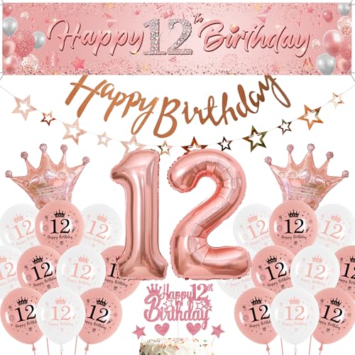Luftballon 12. Geburtstag Roségold Mädchen - Großes Happy 12th Birthday Banner Hintergrund und Sternen Girlande, Riesen Folienballon Zahl mit Tortendeko für Kindergeburtstag Party von Runyuzi
