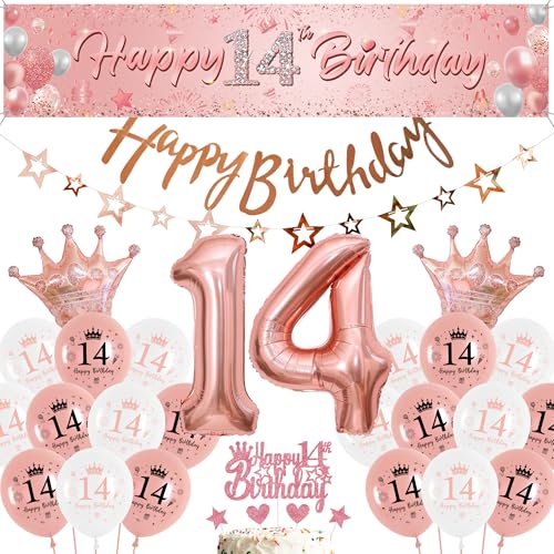 Luftballon 14. Geburtstag Roségold Mädchen - Großes Happy 14th Birthday Banner Hintergrund und Sternen Girlande, Riesen Folienballon Zahl mit Tortendeko für Teenager Geburtstagsdeko von Runyuzi
