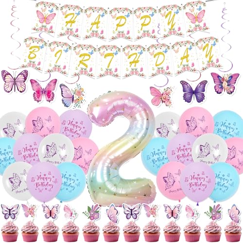 Luftballons Deko 2. Geburtstag Mädchen - 54 Stücke Schmetterling Kinder Geburtstagsdeko Set, Happy Birthday Banner Girlande Zahlen 2 Folienballon Tortendeko für 2 Jahre Geburtstag von Runyuzi