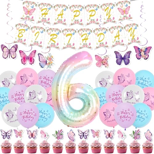 Geburtstag Deko 6 Jahre Mädchen - 54 Stücke Schmetterling Kinder Geburtstagsdeko Luftballons Set, Happy Birthday Banner Girlande Zahlen Folienballon Tortendeko für 6. Geburtstag von Runyuzi