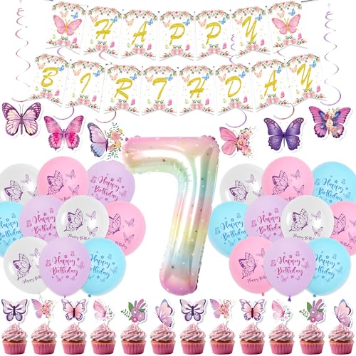 Geburtstag Deko 7 Jahre Mädchen - 54 Stücke Schmetterling Kinder Geburtstagsdeko Luftballons Set, Happy Birthday Banner Girlande Zahlen Folienballon Tortendeko für 7. Geburtstag von Runyuzi