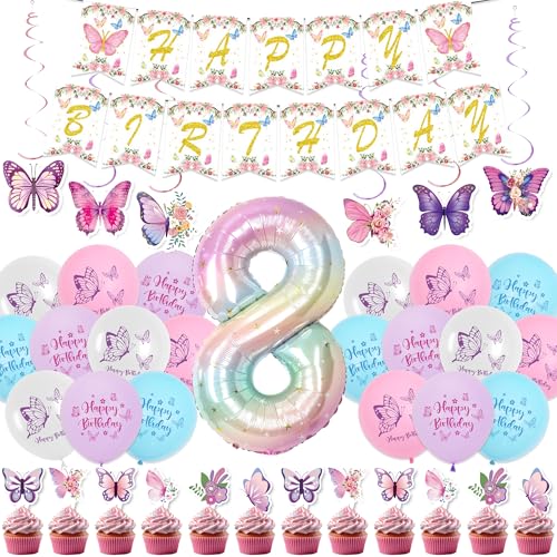Geburtstag Deko 8 Jahre Mädchen - 54 Stücke Schmetterling Kinder Geburtstagsdeko Luftballons Set, Happy Birthday Banner Girlande Zahlen Folienballon Tortendeko für 8. Geburtstag von Runyuzi