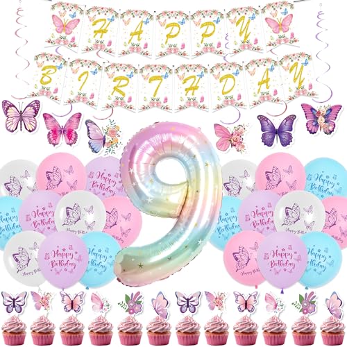 Geburtstag Deko 9 Jahre Mädchen - 54 Stücke Schmetterling Kinder Geburtstagsdeko Luftballons Set, Happy Birthday Banner Girlande Zahlen Folienballon Tortendeko für 9. Geburtstag von Runyuzi