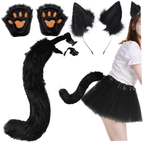 Ruqingg Fox Ohren und Schwanz Therian Pfoten, 3 Pack Faux Fur Therian Ausrüstung, flauschige lustige Fuchskostüm erwachsene Frauen für Rollenspielparty, schwarze Ohren von Ruqingg
