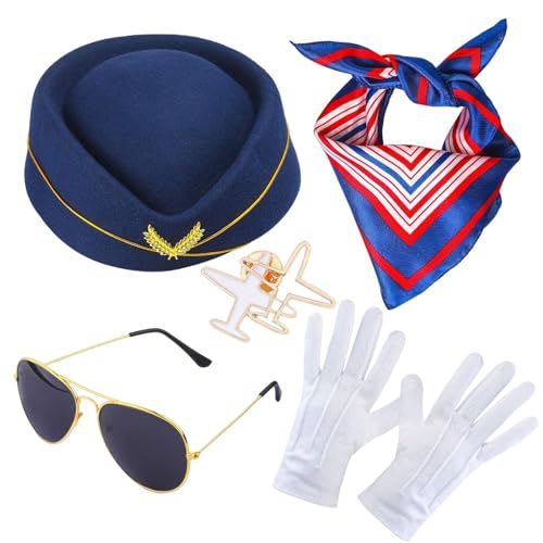 Rurunklee Kostümzubehör für Damen, Flugbegleiterin, Mütze, Sonnenbrille, Schal, Handschuhe von Rurunklee