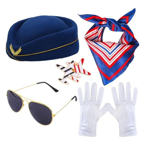 Rurunklee Kostümzubehör für Damen, Flugbegleiterin, Mütze, Sonnenbrille, Schal, Handschuhe von Rurunklee