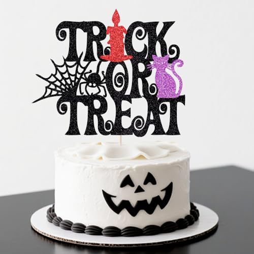 Ruscalin 1 x Halloween-Kuchenaufsatz, schwarzer Glitzer, Trick or Treat Burg, Boo Geist, Spinnennetz, Katze, Kuchendekoration, Kuchendekoration für Halloween, Geburtstag, Babyparty, Partyzubehör von Ruscalin