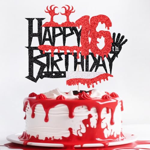 Ruscalin Tortenaufsatz "Happy 16th Birthday", englische Aufschrift, Stufe 16, freigeschaltet, Halloween-Blutiger Horror-Thema, 16. Geburtstag, Party-Dekoration (16. Geburtstag) Schwarz / Rot von Ruscalin