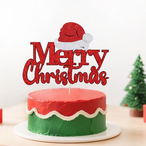 Ruscalin Tortenaufsatz mit Aufschrift "Merry Christmas", Rot und Grün, Glitzer, für Jungen und Mädchen, Happy Birthday Kuchendekoration, Winter-Weihnachtsmann, Happy New Year Partyzubehör (rot) von Ruscalin