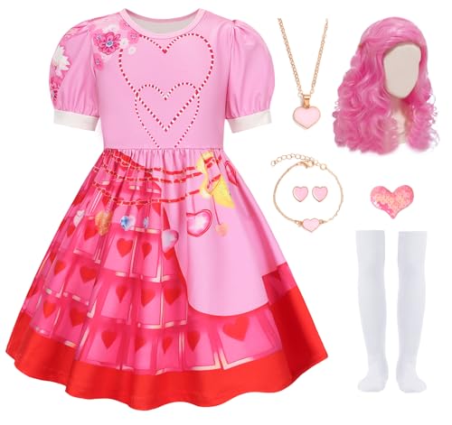 RuuYiicoco 7-teiliges rosa Kostüm für Mädchen, rotes Prinzessinenkleid mit Perücke (Rosa, 8-9 Jahre) von RuuYiicoco