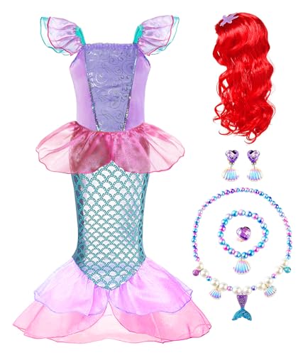 RuuYiicoco Meerjungfrau-Kostüm für Mädchen, Prinzessinnen-Kostüm, mit Perücke, Krone, Schmuck (5T, Rosa) von RuuYiicoco