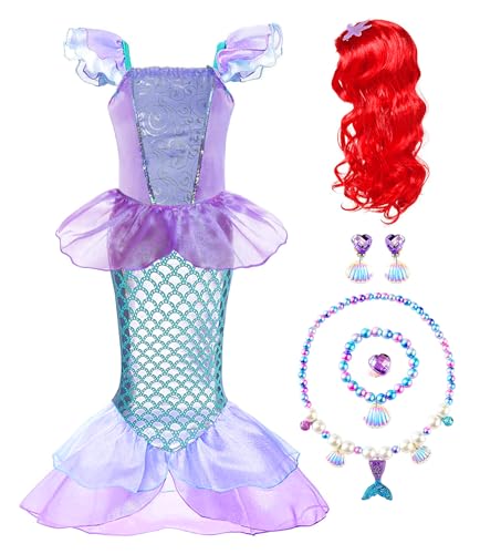 RuuYiicoco Meerjungfrauenkostüm für Mädchen, Partykleid mit Perücke, Krone, Schmuck (5T, lila) von RuuYiicoco