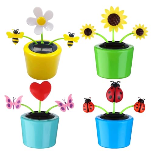 Ruuizksa 4 Stück Solarbetriebene Tanzende Bienen- und Sonnenblumenspielzeuge, Animierte Wackelkopf-Tänzerin für Heim-, Büro- und Autodekoration von Ruuizksa