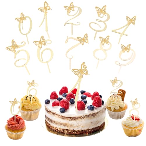 Ruzister 10 Stück 0-9 Acryl Gold Glitzer Schmetterling Zahlen Geburtstag Tortenstecker, Selbstklebende Zahl Tortendeko, Essbare Cupcake Topper für Kindergeburtstag von Ruzister