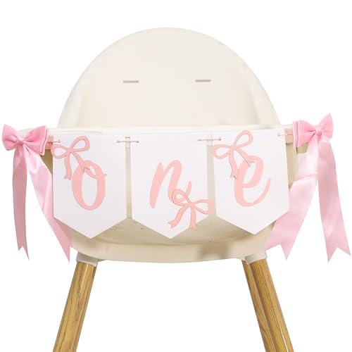 Rweseo Rosa Schleife Hochstuhl-Banner – Schleife Mädchen 1. Geburtstag Dekorationen, rosa Erster Hochstuhl-Banner, Kokette Mädchen 1. Geburtstag Party Hochstuhl (Bow-1) von Rweseo
