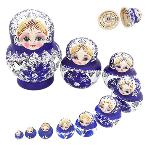 Rwigeboo Nistpuppen 1 Set (10pcs) Mädchen Muster Matryoshka Puppe Holzblau Matrioshka Russische Nistpuppen Stapelspielzeug für Kinder, Heimdekoration, Geschenke für Kinder von Rwigeboo