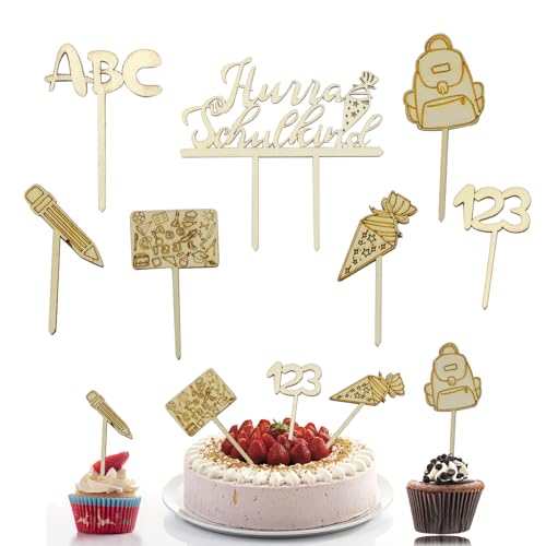 Tortendeko Einschulung aus Holz, 7-teilig Cake Topper, Cupcake Toppers für Einschulungskuchen für Schulkind Kinder Mädchen Junge Tortendeko Einschulung aus Holz, 7-teilig Cake Topper, Cupcake Toppers für Einschulungskuchen für Schulkind Kinder Mädchen Junge von Rwoythk