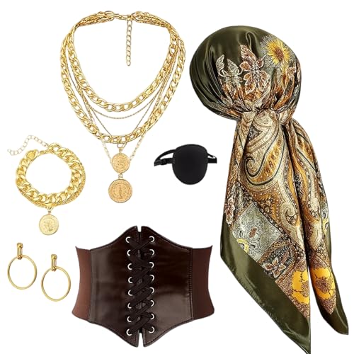 RxaGtn Grün Braunes Piratenkostüm Damen 6pcs, Piratenkostüm Zubehör Damen mit Kopfschmuck, Halskette, Armband, Augenmaske, Ohrringen und Gürtel, Ideal für Karneval, Halloween und Mottopartys von RxaGtn