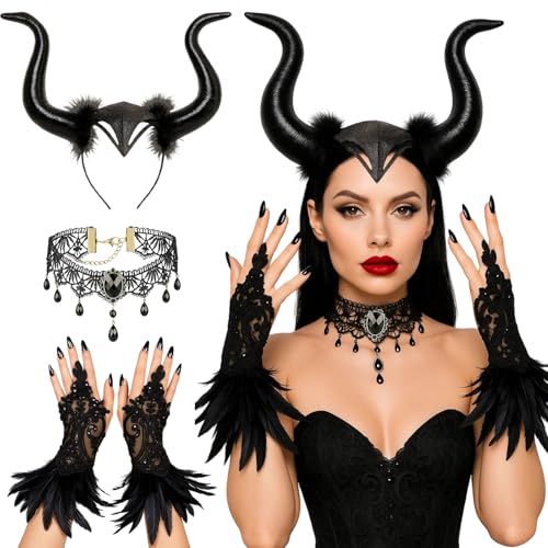 RxaGtn Hörner Kostüm, Halloween Kostüm Damen, Halloween Königin Hörner Kopfschmuck mit Schwarz Feder Handschuhen und Gothic Halskette für Halloween, Karneval, Maskerade und Cosplay RxaGtn Hörner Kostüm, Halloween Kostüm Damen, Halloween Königin Hörner Kopfschmuck mit Schwarz Feder Handschuhen und Gothic Halskette für Halloween, Karneval, Maskerade und Cosplay von RxaGtn
