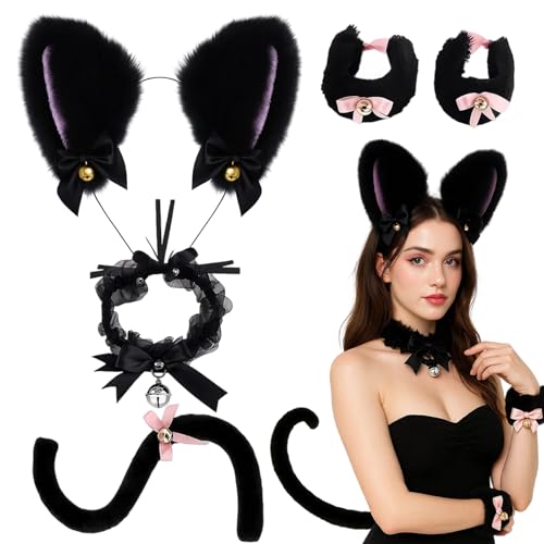 RxaGtn Katzenohren, Katzenkostüm, 4 Teiliges Halloween Kostüm Set mit Katzenohren Haarreif, Schwanz, Halskette und Ein Paar Armband für Kinder Erwachsene, Katzenkostüm Halloween für Cosplay und Feste RxaGtn Katzenohren, Katzenkostüm, 4 Teiliges Halloween Kostüm Set mit Katzenohren Haarreif, Schwanz, Halskette und Ein Paar Armband für Kinder Erwachsene, Katzenkostüm Halloween für Cosplay und Feste von RxaGtn