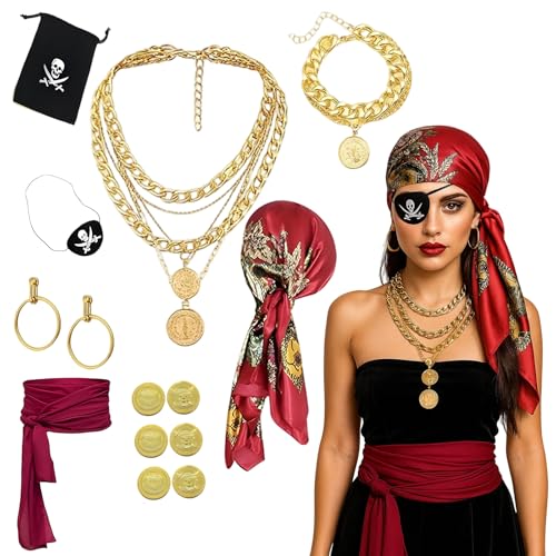 RxaGtn Rotes Piratenkostüm Damen 13pcs, Piratenkostüm Accessoires Damen Mit Kopftuch, Gürtel, Halskette, Armband, Augenklappe, Ohrringen, Für Halloween, Mottopartys, Cosplay von RxaGtn