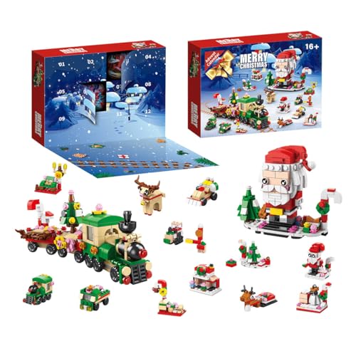 Adventskalender 2025 Weihnachtskalender mit Weihnachtsmann, Elch, Zug, Schlitten, Weihnachtsbaum Klemmbausteine Bausatz Geschenk für Kinder und Erwachsene, 24-Tägiges Countdown Weihnachtskalender von Rxbycxshi