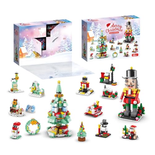 Adventskalender 2025 Weihnachtskalender mit Weihnachtsmann, Elch, Zug, Schlitten, Weihnachtsbaum Klemmbausteine Bausatz Geschenk für Kinder und Erwachsene, 24-Tägiges Countdown Weihnachtskalender von Rxbycxshi