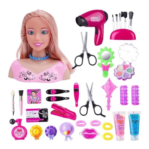 Rxbycxshi Schminkpuppe Frisierkopf Kinder, 34 Stück Rollenspiel Kosmetik Spielzeug Schminkkopf Waschbar, Frisieren Puppenkopf Geschenk Mädchen 3 4 5 6 Jahre 2025 Weihnachten von Rxbycxshi