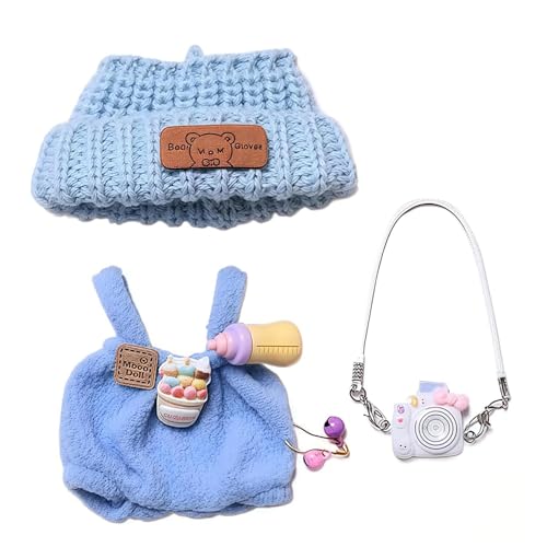 Für Labubu 17cm Puppenkleiderset, mit gestrickter Mütze & Plüsch-Latzhose & Kamera-Deko, Zubehör für Labubu, niedliches Verkleidungsgeschenk (Nur Kleidung, Keine Puppe und Schuhe) (A) von RynoPulse