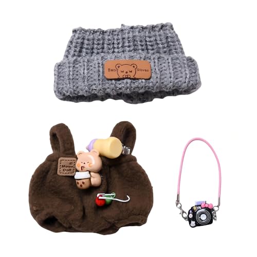 Für Labubu 17cm Puppenkleiderset, mit gestrickter Mütze & Plüsch-Latzhose & Kamera-Deko, Zubehör für Labubu, niedliches Verkleidungsgeschenk (Nur Kleidung, Keine Puppe und Schuhe) (B) von RynoPulse