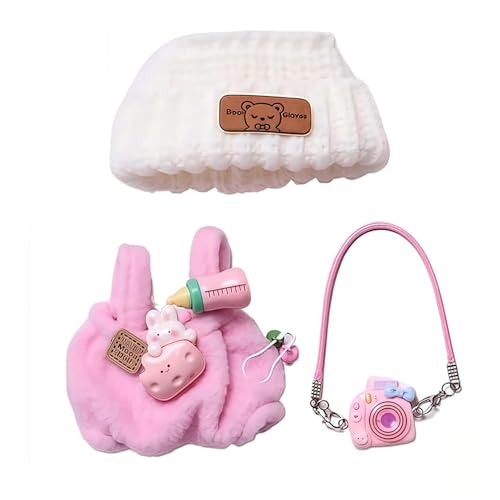Für Labubu 17cm Puppenkleiderset, mit gestrickter Mütze & Plüsch-Latzhose & Kamera-Deko, Zubehör für Labubu, niedliches Verkleidungsgeschenk (Nur Kleidung, Keine Puppe und Schuhe) (C) von RynoPulse
