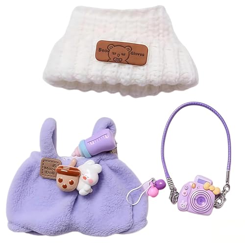 Für Labubu 17cm Puppenkleiderset, mit gestrickter Mütze & Plüsch-Latzhose & Kamera-Deko, Zubehör für Labubu, niedliches Verkleidungsgeschenk (Nur Kleidung, Keine Puppe und Schuhe) (D) von RynoPulse