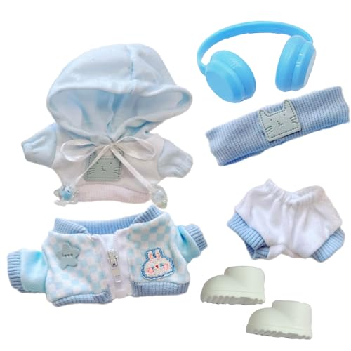 for Labubu 17cm Puppenkleiderset, Kopfhörer, Kapuzenpullover, Jacke, Hose & Schuhe, Kleidung Zubehör für Labubu, Niedliches Verkleidungsgeschenk (Nur Kleidung, Keine Puppe) (A) von RynoPulse