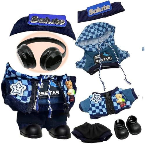 for Labubu 17cm Puppenkleiderset, Kopfhörer, Kapuzenpullover, Jacke, Hose & Schuhe, Kleidung Zubehör für Labubu, Niedliches Verkleidungsgeschenk (Nur Kleidung, Keine Puppe) (B) von RynoPulse