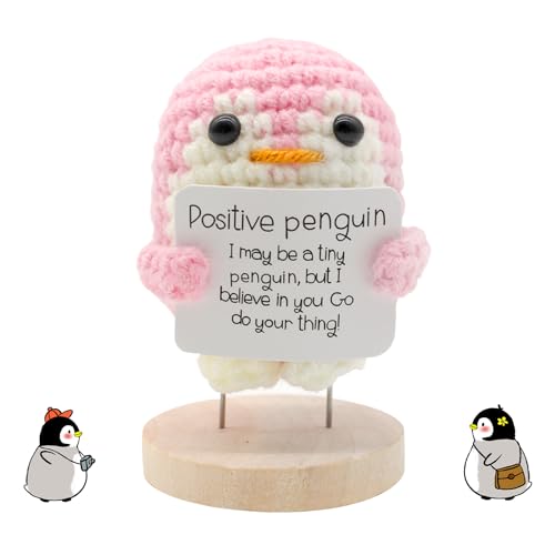 Ryvera Positiver Pinguin, Süßes Gestricktes Pinguin Spielzeug mit Positiver Karte Positiver Pinguin-Häkelpuppe Jubelndes Geschenk für Freunde Ermutigung Party-Dekoration Mit Holzständer (Rosa) von Ryvera