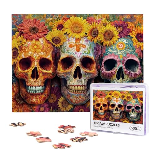 Horror-Totenkopf-Puzzle für Erwachsene, 500 Teile, buntes Sonnenblumen-Skelett, Puzzle, Gothic, Urlaub, Party, Geschenke, Puzzle, Heimdekoration von Rzhlyua