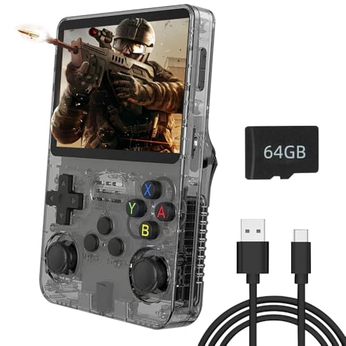 R36S Handheld-Spielekonsole, mit Open-Source-Linux-System, 64GB TF-Karte 15000 Retro-Spiele, 3,5-Zoll-IPS-Bildschirm, Retro-Spielekonsole, Handheld-Emulator-Konsole, 3000-mAh-Akku (Schwarz, 64GB) von S_way