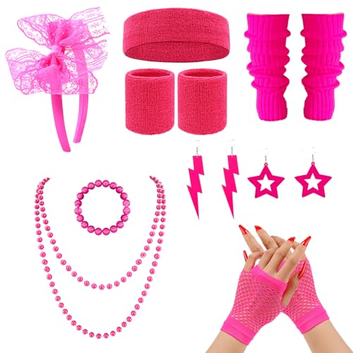 80er Jahre Outfit Damen Accessoires Set, 80er Jahre Workout Kostüm, Retro Party Supplies, 14 Stück mit Ohrringen Armband Halskette Netz Handschuhe Stirnband Neon Stulpen (Rosenrot) von S.F.Pachira