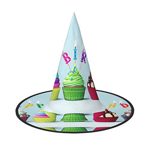 SAAKE Bunte Happy Birthday Cupcakes Druck Karneval Halloween Hexenhut Faltbare Dekoration Party Zubehör Mottopartys Cosplay von SAAKE
